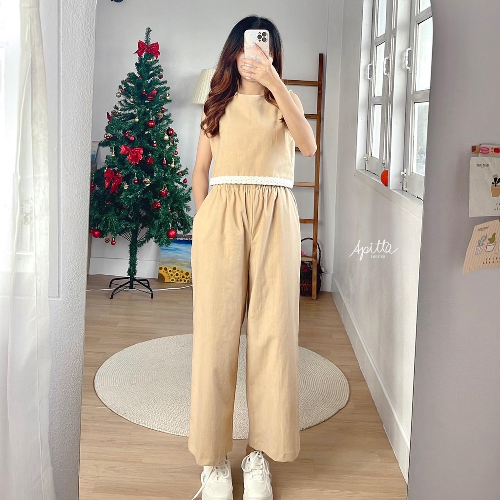 A02 ชุดเซ็ทผ้าฝ้ายธรรมชาติ ผ้าใส่สบาย เสื้อครอปแต่งชายเสื้อ กางเกงผ้าฝ้ายลินิน เอวยางยืดมีกระเป๋าข้าง