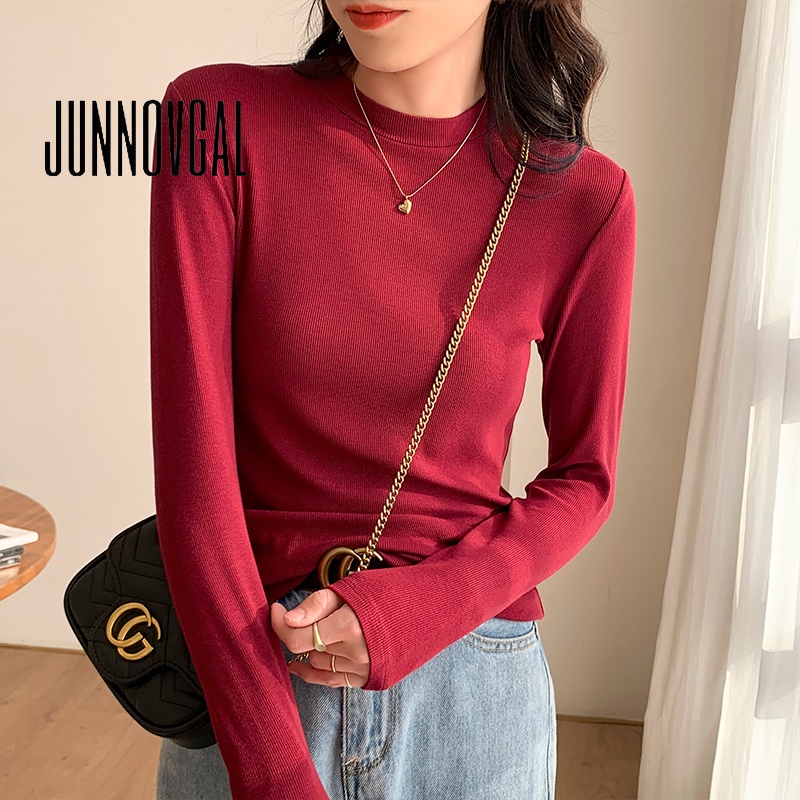 Junnovgal เสื้อยืดคอกลม แขนยาว เข้ารูป พลัสไซซ์ สีพื้น แฟชั่นใหม่ สําหรับผู้หญิง 2024