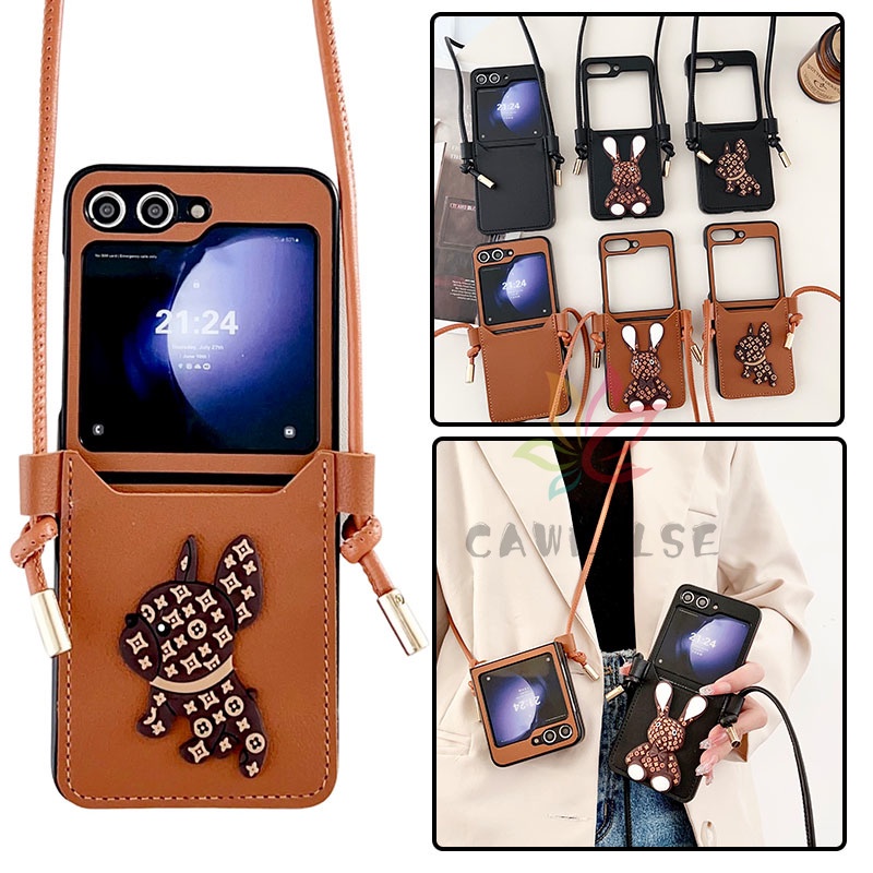 น่ารักฝรั่งเศส Dou สุนัข PU หนัง Crossbody เชือกเส้นเล็กปลอก Samsung Galaxy Z Flip 5 Z Flip 6 Z Flip 4 พร้อมช่องใส่การ์ดกันกระแทกฝาหลัง