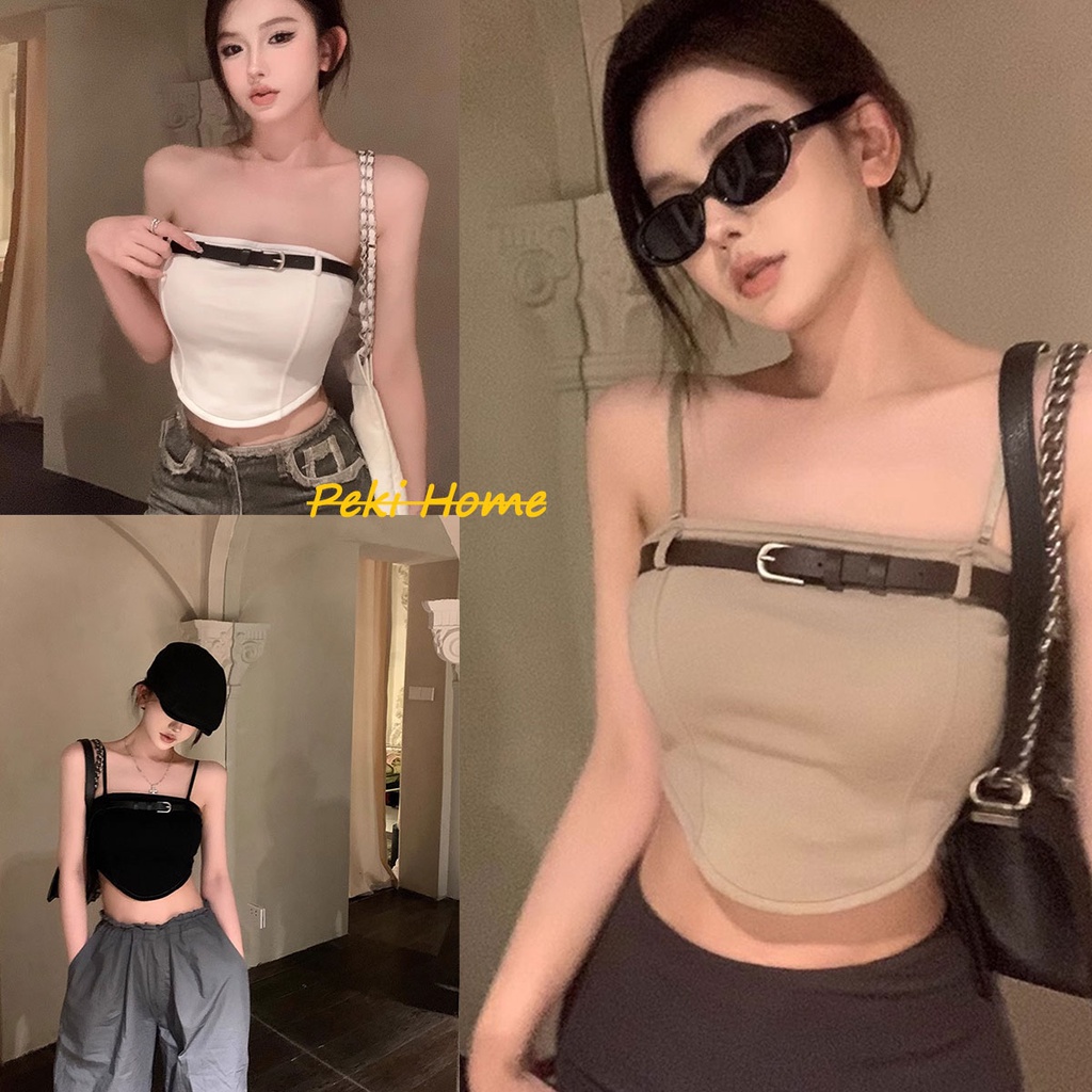 พร้อมส่ง เสื้อเกาะอกวินเทจสีพื้นสไตลืเกาหลีเรียบง่ายเเต่งสายคาดเข็มขัด