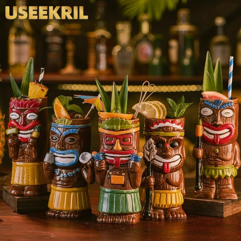 Hawaiian Style Brown Tiki Mug Creative Cocktail Mug Cup Zombie Ceramic Tiki Mug Drinkware Cup Mug Fo