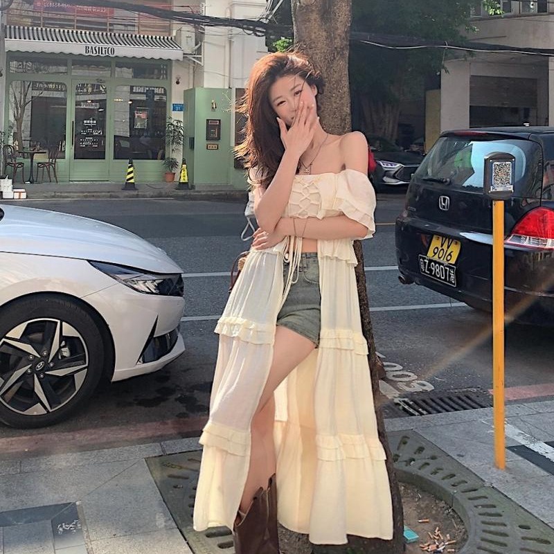 (ส่งจากกรุงเทพ) ฤดูร้อนรูปแบบใหม่ สาวฮอตกระโปรงยาวคาร์ดิแกนไหล่เดียวทรงสลิม - รูปที่ 4