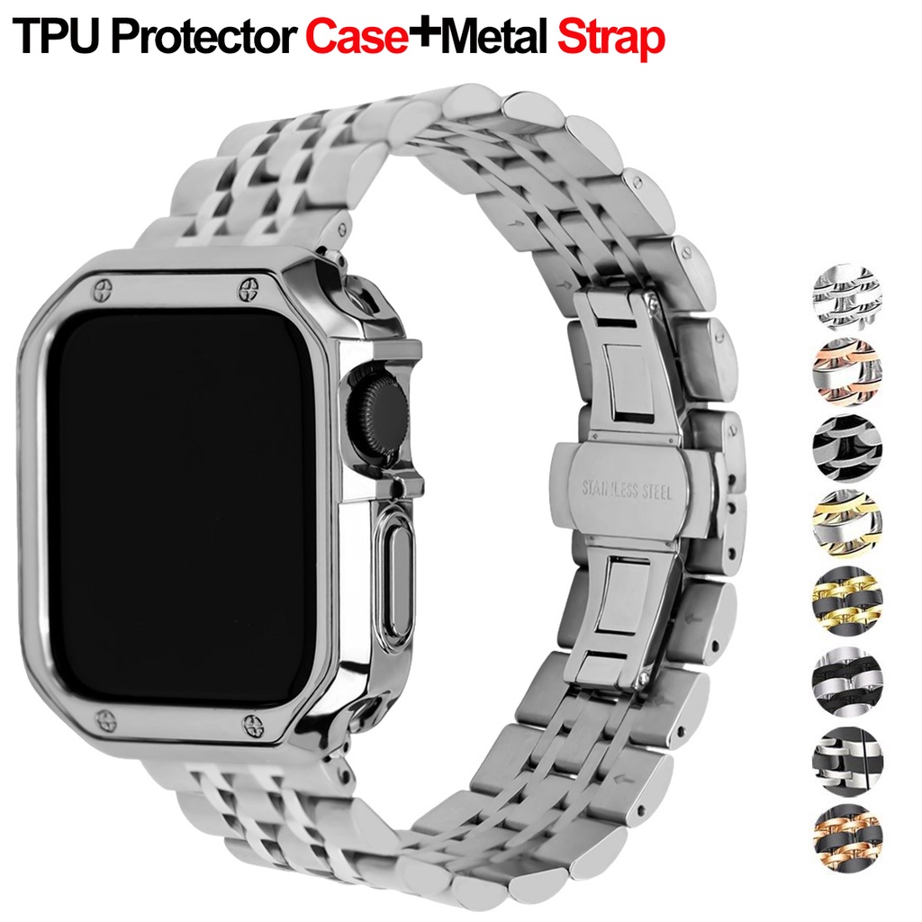 เคสป้องกัน TPU และสายนาฬิกาข้อมือโลหะ สเตนเลส สําหรับ Apple Watch Ultra 49/45/44m/41/40/38mm series 3 5 6 se 7 8 9