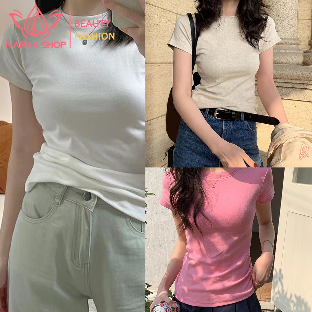 เสื้อยืดแฟชั่นผู้หญิงสไตล์เกาหลี คอกลม แขนสั้น  เสื้อยืดผ้าฝ้ายแท้