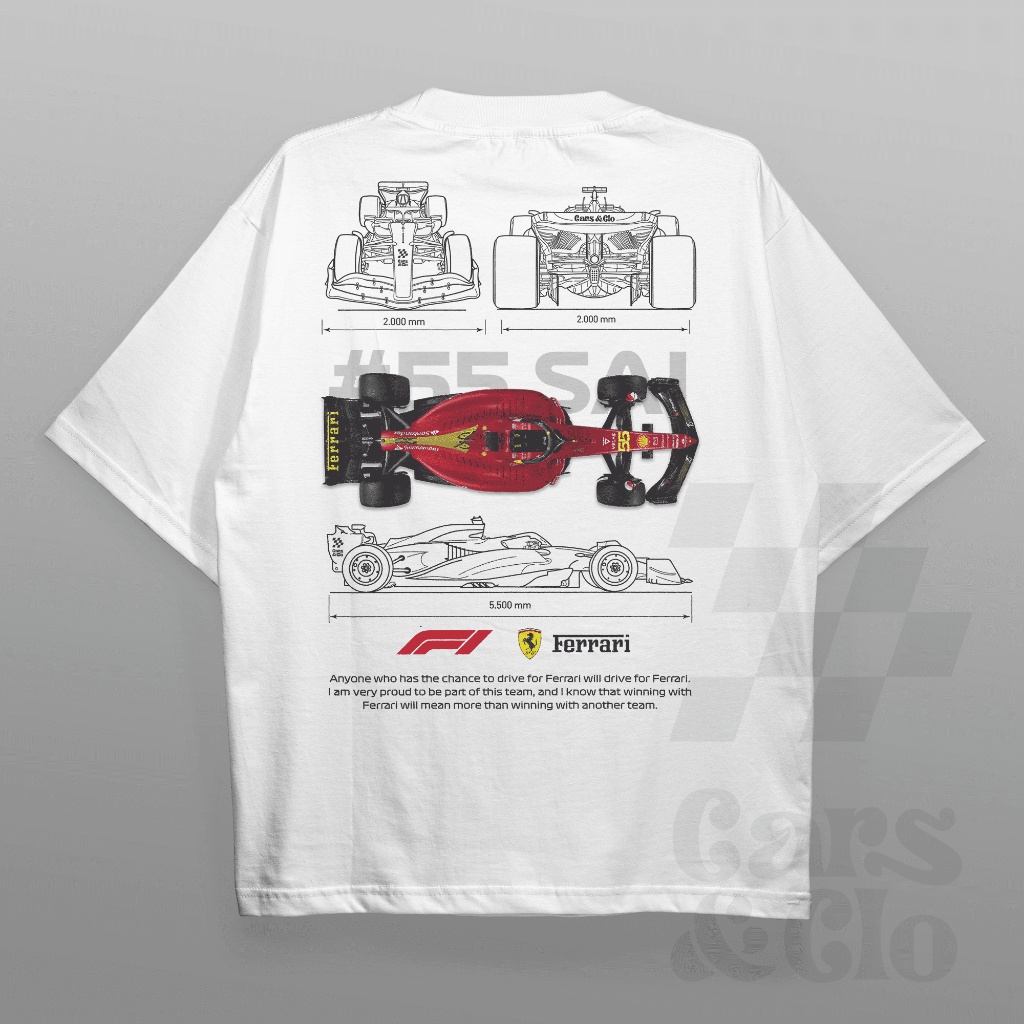 เสื้อยืด พิมพ์ลายรถยนต์ และ Clo - Regular Fit สีขาว - F1 Ferrari Blueprint