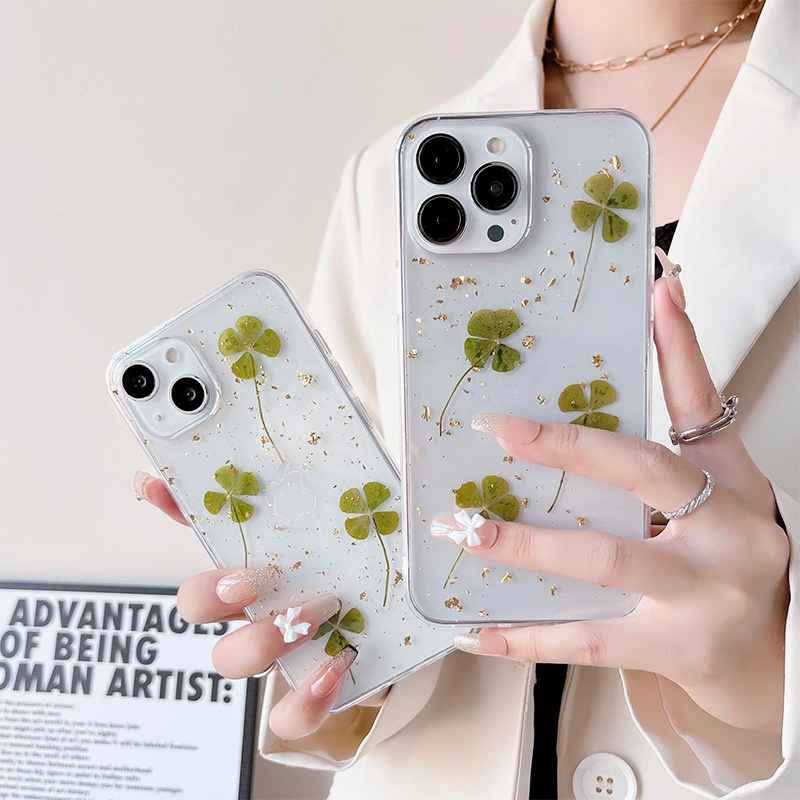 เคสโทรศัพท์มือถือสำหรับ iphone12อีพ็อกซี่ฟอยล์สีทอง XR/xsmax โคลเวอร์สี่ใบ11 Xiaoqing Fresh Air Niche Apple 13