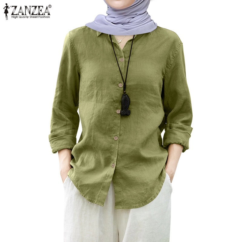 Zanzea เสื้อเชิ้ตแขนยาว คอปก ติดกระดุม สีพื้น สไตล์เกาหลี สําหรับผู้หญิง