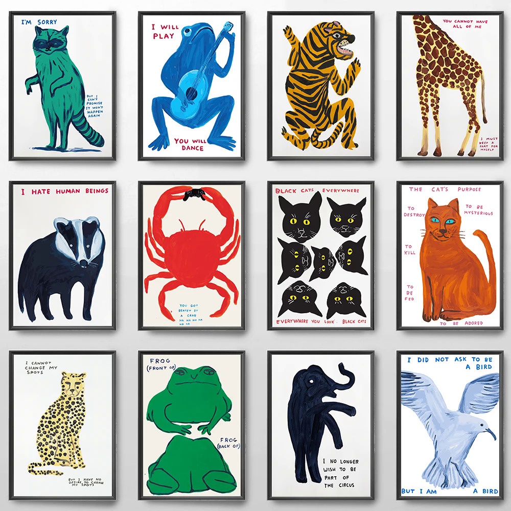 David Shrigley Tiger Penguin Whale Shell Cat Wall Art Nordic โปสเตอร์พิมพ์ผ้าใบภาพวาดภาพผนังสําหรับห้องนั่งเล่นตกแต่ง