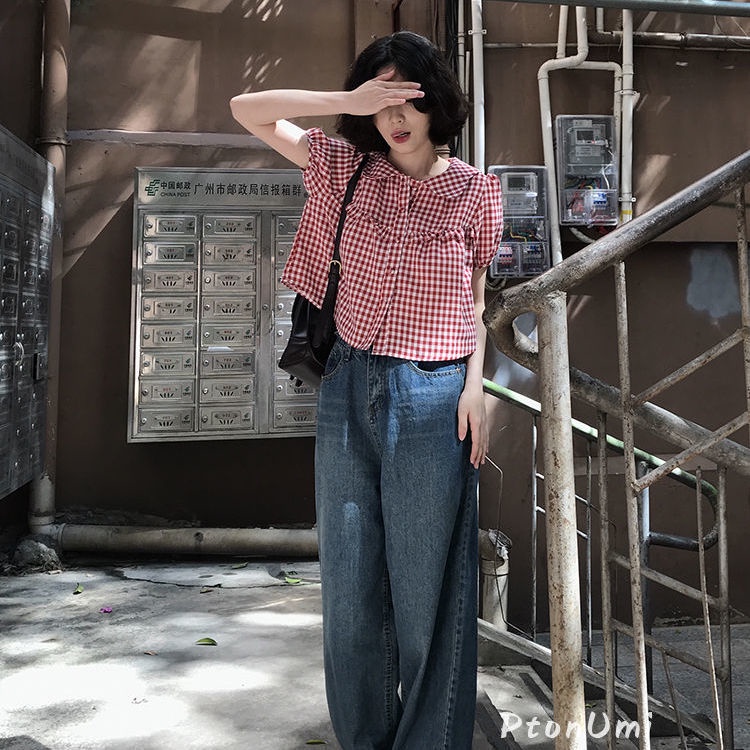 เสื ้ อคอปกตุ ๊ กตาสั ้ นผู ้ หญิงฤดูใบไม ้ ผลิ All-Match แขนพัฟเสื ้ อกระดุมแถวเดียว Niche Design Top