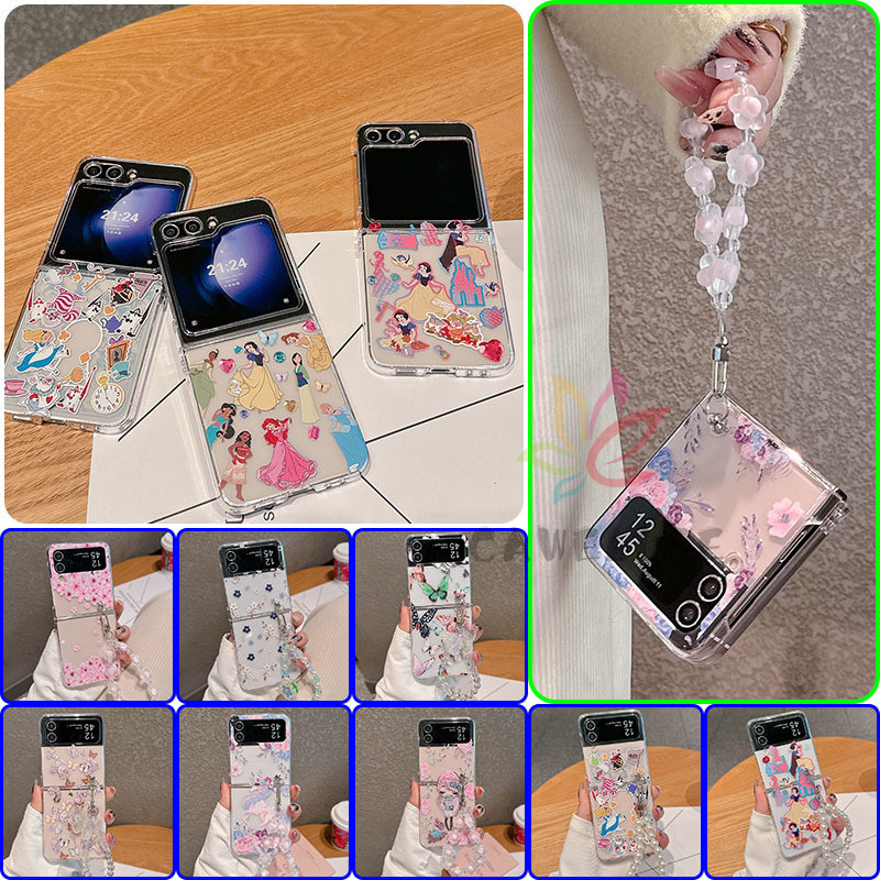 เคสโทรศัพท์ PC แข็ง แบบใส กันกระแทก ปิดด้านหลัง ลายการ์ตูนเจ้าหญิง ผีเสื้อ ดอกไม้น่ารัก พร้อมสายคล้องข้อมือ สําหรับ Samsung Galaxy Z Flip 5 Z Flip 4 Z Flip 3 Flip5