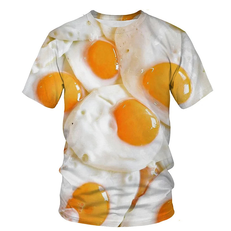 3D พิมพ์ล้อเลียนตลกอาหารเสื้อยืดผู้ชายแฮมเบอร์เกอร์ Fries ไข่ทอดรูปแบบ Tees ฤดูร้อน Streetwear หลวม Quick แห้งแขนสั้น