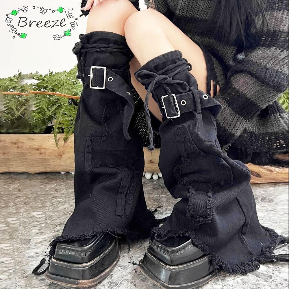 เครื่องอุ่นขา BREEZE, ผ้าคลุมขายีนส์สีดํา Harajuku Punk, ปลอกแขนขาวินเทจสายรัดสายรัด Y2k