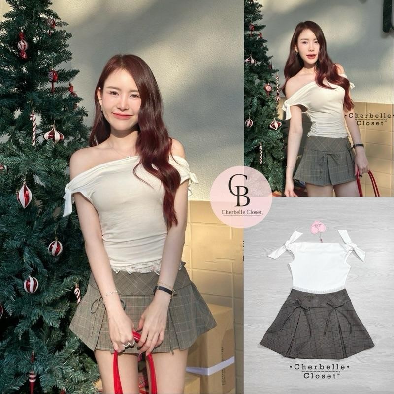 PD (พร้อมส่ง) Cherbelle4 เสื้อปาดไหล่+กระโปรงสั้น ชุดไปคาเฟ่ 8/2 PD.shop