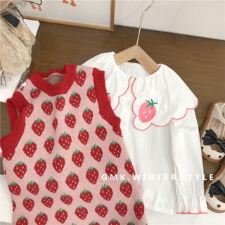 2023 spring new Korean childrens wear girls lovely strawberry lapel shirt foreign style knitted vest dress trend