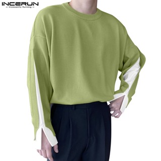 Incerun เสื้อยืด คอกลม แขนยาว สีพื้น แฟชั่นสําหรับผู้ชาย