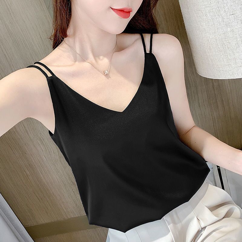 เสื้อสายเดี่ยว คอวี แขนกุด ผ้าชีฟอง ทรงหลวม สีดํา แฟชั่นฤดูร้อน สําหรับผู้หญิง