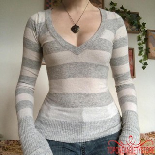 Topone- เสื้อยืดแขนยาว คอวี ผ้าถัก ลายทาง สําหรับผู้หญิง