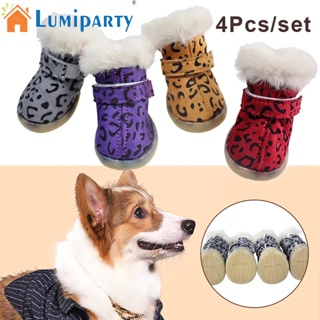 Lumiparty รองเท้า ผ้ากํามะหยี่ แบบนิ่ม พิมพ์ลายเสือดาว กันลื่น ให้ความอบอุ่น สําหรับสัตว์เลี้ยง สุนัข 4 ชิ้น ต่อชุด