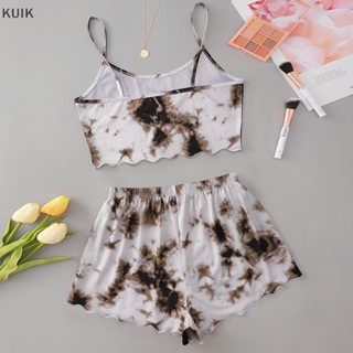 Kuik ใหม่ ชุดเสื้อสายเดี่ยว กางเกงขาสั้น ทรงหลวม สีมัดย้อม เซ็กซี่ แฟชั่นสําหรับสตรี สองชิ้น