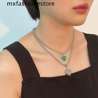 Mxfashione สร้อยคอโชคเกอร์ สเตนเลส จี้รูปหัวใจ สีเขียว สไตล์มินิมอล สําหรับผู้หญิง