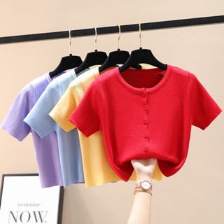 เสื้อแจ็กเก็ตคาร์ดิแกน แขนสั้น ผ้าถัก สีม่วงเผือก เข้ารูป เหมาะกับฤดูใบไม้ผลิ สําหรับผู้หญิง RQFL