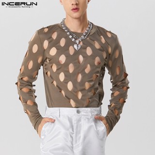 Incerun เสื้อยืด คอกลม แขนยาว สไตล์วินเทจ สําหรับผู้ชาย