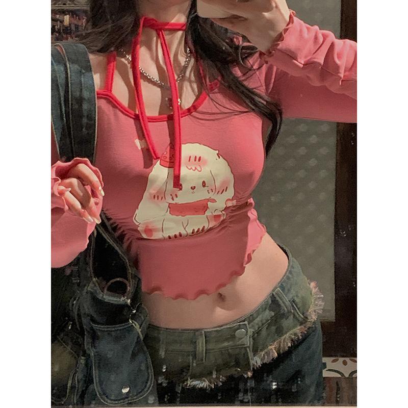 Funnj Pure FunnJ FunnJ FunnJ FunnJ เสื้อยืดแขนยาว คอสี่เหลี่ยม เข้ารูป ลายกระต่าย OGUL