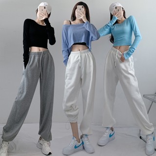 ผู้หญิงหลวม drawstring Sweatpants เกาหลีกางเกงเอวสูงฤดูร้อน Joggers