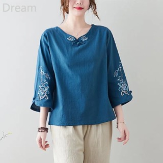 Ethnic style loose large size small shirt T-shirt Womens Western style cotton linen thin Chinese style buckle top