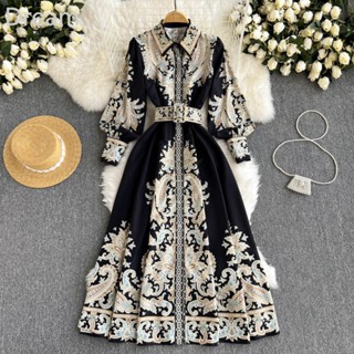 Large size womens retro printed temperament polo collar dress womens high-end waist dress