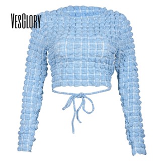 Vesglory เสื้อครอปท็อปแขนยาว คอกลม แต่งจับจีบ เข้ารูป สีพื้น แฟชั่นสําหรับสตรี 2023