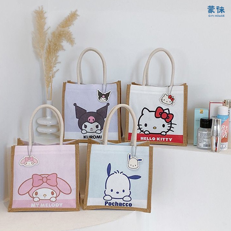 กระเป๋าถือ กระเป๋าช้อปปิ้ง ผ้าลินิน จุของได้เยอะ ลายการ์ตูน Sanrio Pochacco Kuromi Kitty แฟชั่นวินเทจ
