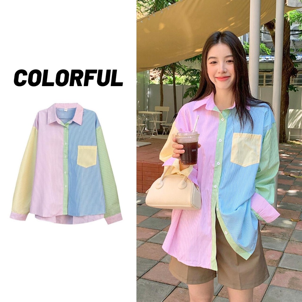Sale80% เสื้อเชิ้ตลายริ้วสีคัลเลอร์ฟูล แขนยาวคอปก ทรงโอเวอร์ไซส์ มีกระเป๋าหน้า