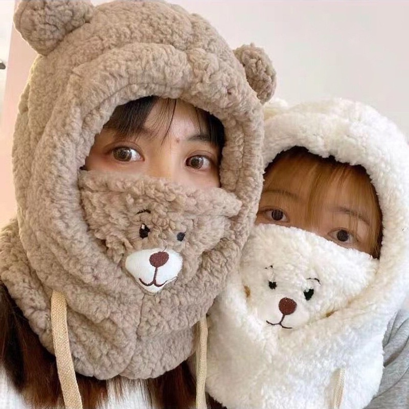 หมวกบีนนี่ แบบหนา ป้องกันหู ให้ความอบอุ่น ลายการ์ตูนหมี เหมาะกับฤดูหนาว สําหรับผู้หญิง