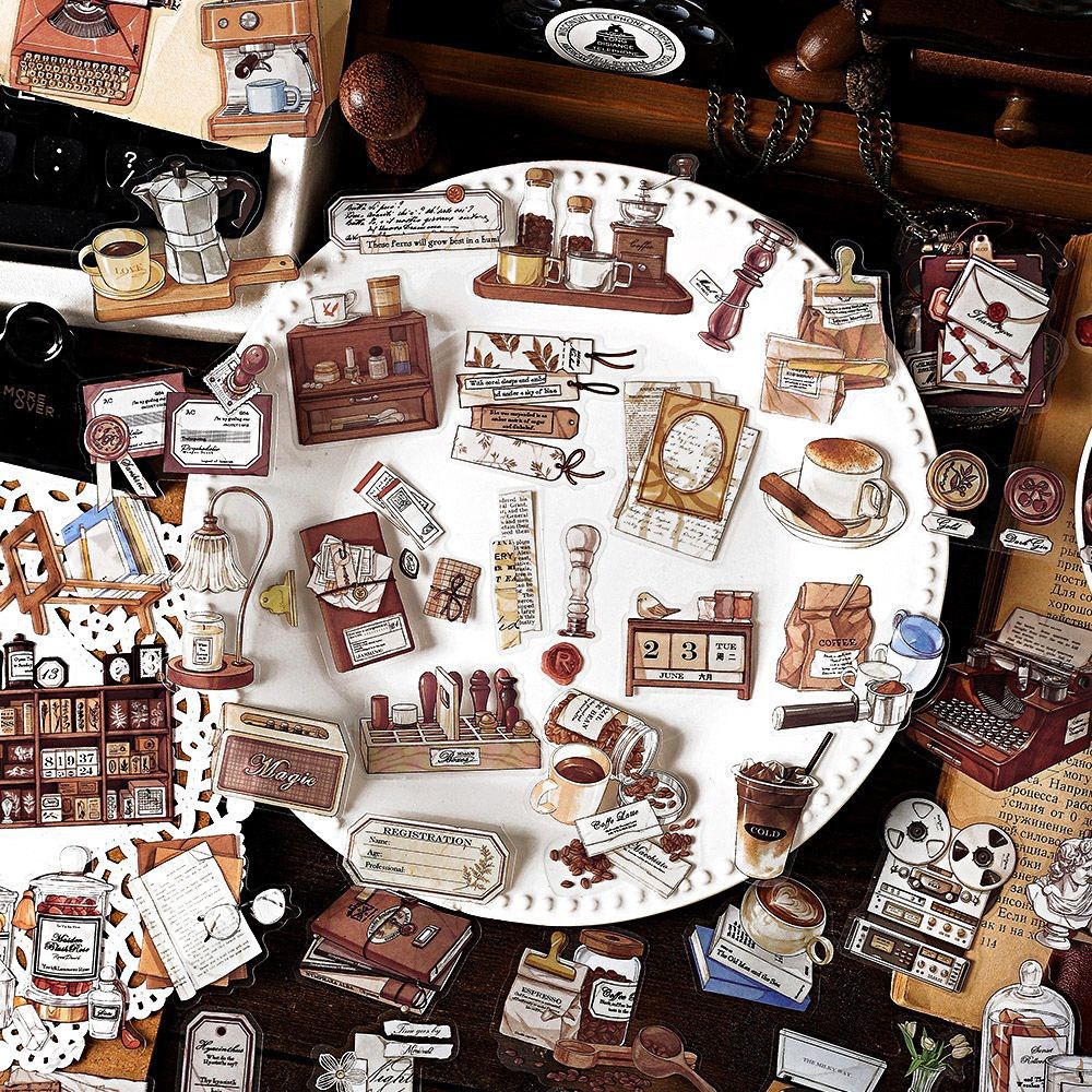 40 ชิ้น Vintage Coffee Theme Scrapbooking สติกเกอร์ Retro กาแฟสติกเกอร์กันน้ําสําหรับ Planner Junk Journs ไดอารี่ตกแต่ง