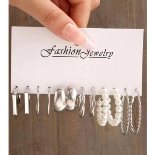 Vintage Pearl Square Hoop ต่างหู 6 คู่ชุดสําหรับผู้หญิงแฟชั่นเครื่องประดับของขวัญ