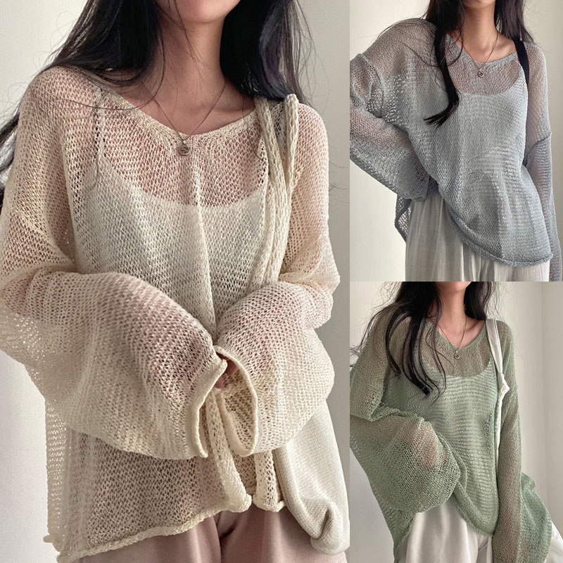 Grace&Chili เสื้อถักแขนยาวผู้หญิง เกาหลีบางกลวงครีมกันแดดถัก สีทึบ สไตล์เกาหลี 512