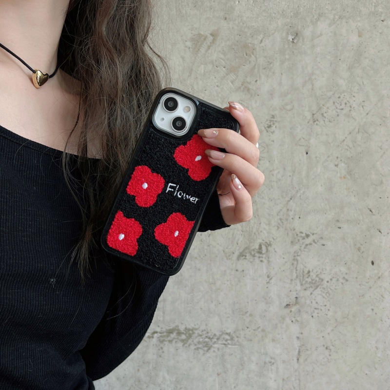 เคสโทรศัพท์มือถือ ปักลายดอกไม้สีแดง สําหรับ iPhone 11 12 13 14 15 12Pro 13Pro 14Pro 15Pro 12promax 13promax 14promax 15promax 13