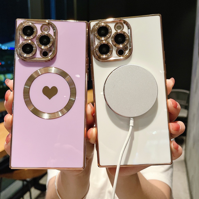 เคสโทรศัพท์มือถือ TPU แบบนิ่ม ชุบแม่เหล็ก ทรงสี่เหลี่ยม สําหรับ iPhone 15 Pro max 14 Pro 13 12 Pro max 11