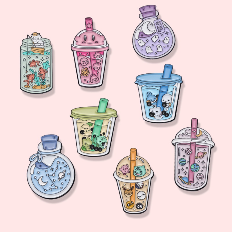 เข็มกลัดโลหะ รูปการ์ตูนอนิเมะ Kirby Milk Tea Enamel Pin Starry Sky Planet แบบสร้างสรรค์ สําหรับเพื่อน