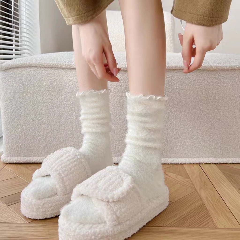 ถุงเท้าขนแกะ หนานุ่ม กันเชื้อรา สีพื้น