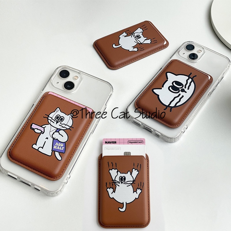 เคสโทรศัพท์มือถือแบบหนัง ใส แม่เหล็กไร้สาย ลายแมว พร้อมช่องใส่บัตร สําหรับ 15pro 13pro 14promax 11 12 14 XSMAX
