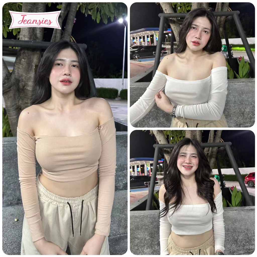 เสื้อครอปเเขนยาวปาดไหล่สีพื้นเเฟชั่นสไตล์เกาหลีเรียบง่าย