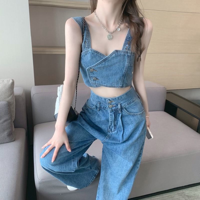 ชุดสูทยีน เสื้อกั๊กสั้น และกางเกงขากว้าง เอวสูง ทรงหลวม อินเทรนด์ใหม่ เหมาะกับฤดูร้อน สไตล์สตรีท สําหรับผู้หญิง