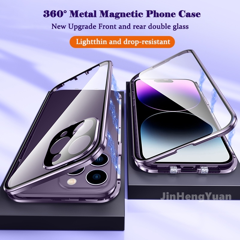 โลหะแม่เหล็กดูดซับ 360° เคสป้องกันโทรศัพท์มือถือ แบบแข็ง สองด้าน สําหรับ IPhone 15 14 12 13 11 Pro Max 15plus 14plus
