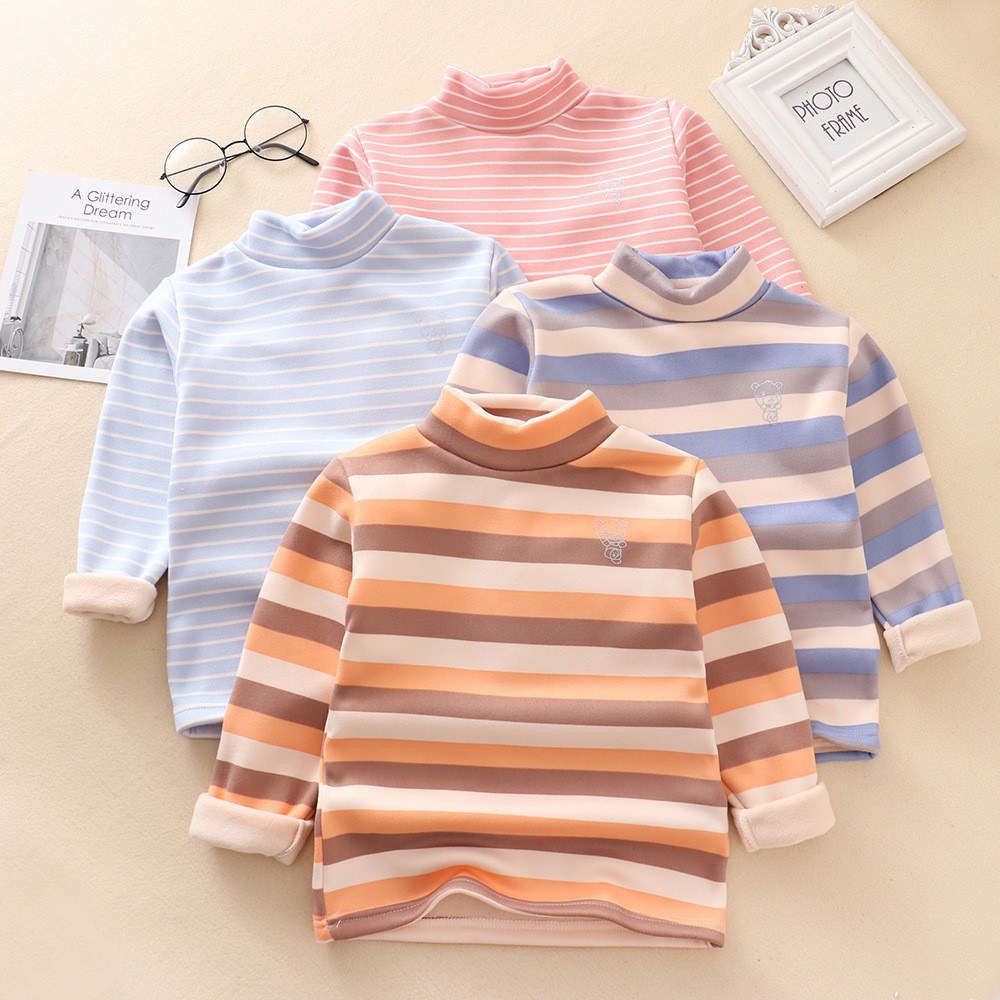 [ZY] พร้อมส่ง เสื้อยืดแขนยาวลําลอง ผ้าฟลีซ คอสูง ลายทาง เรียบง่าย แฟชั่นฤดูใบไม้ร่วง ฤดูหนาว สําหรับเด็ก 90-150 ซม. @