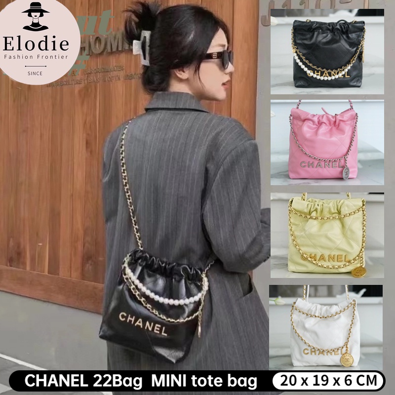 ชาแนล Chanel 22BAG Drawstring Closure Chain Bag Bucket Mini Ladies Crossbody Pearl Chain Bag. กระเป๋าสะพายข้าง