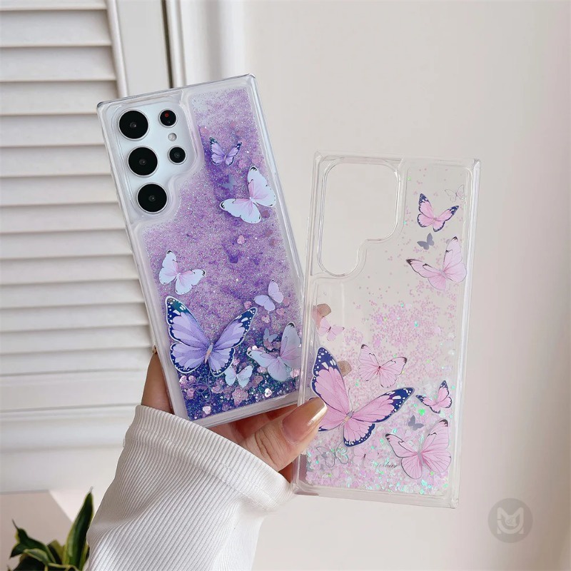 SAMSUNG สําหรับsamsung Galaxy A05S A05 A25 A14 A24 A34 A54 S24 S23 S22 S21 Ultra Plus S24FE S21FE S23FE S20FEการ์ตูนผีเสื้อGlitter Quicksandนุ่มเคสโทรศัพท์