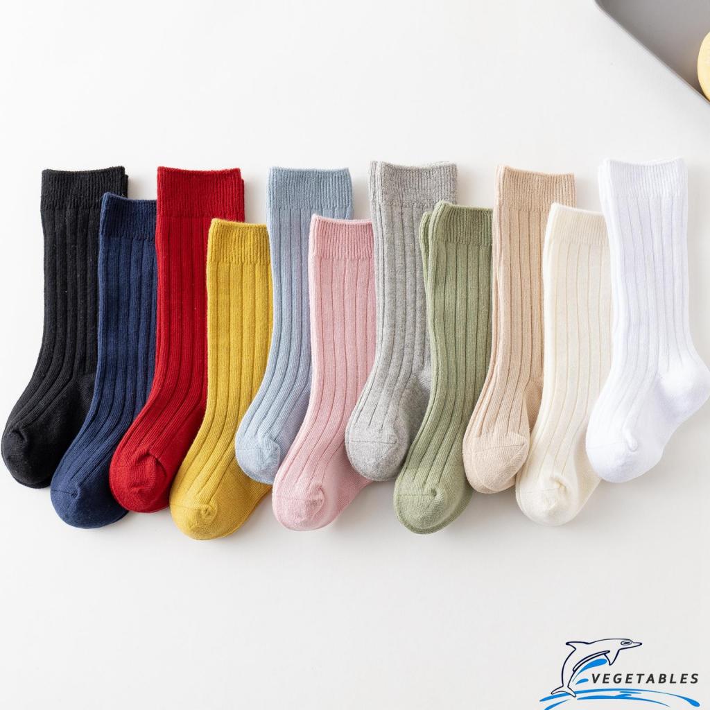 Zhy- เด็กวัยหัดเดิน ถุงเท้าหลอดกลาง สีพื้น ยางถัก ยาวถึงเข่า ถุงเท้าสูง ถุงน่องเครื่องแบบ ไร้รอยต่อ