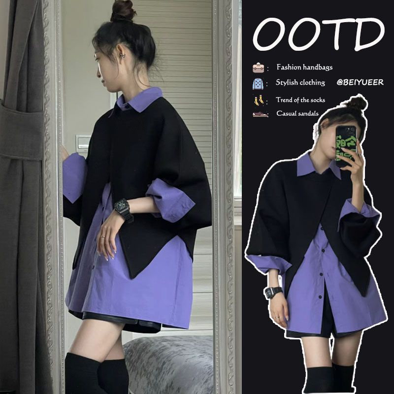 [ข้อเสนอพิเศษ แฟลชซื้อ] ชุดเสื้อเชิ้ต ผ้าคลุมไหล่ กางเกงขาสั้น สามชิ้น สไตล์เกาหลี เรโทร สีม่วง แฟชั่นฤดูใบไม้ร่วง สําหรับผู้หญิง